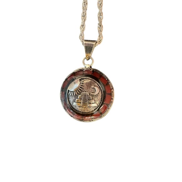 Vintage Mayan Aztec Sterling Silver Pendant Necklace Llamador Calendario - Picture 6 of 10